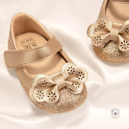 Newborn Baby Shoes Girl Princess Dress Girls Shoes Gold Bowknot Casual Lightweight Non-slip Rubber Sole Toddler Shoes