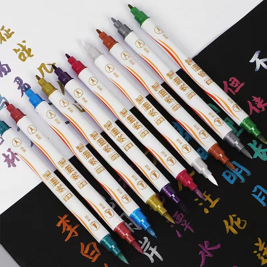 10Colors Metallic Calligraphy Pens Double Tip Fine/soft Brush Art Marker Pen Scrapbooking Crafts Card Making Stationery Supplies