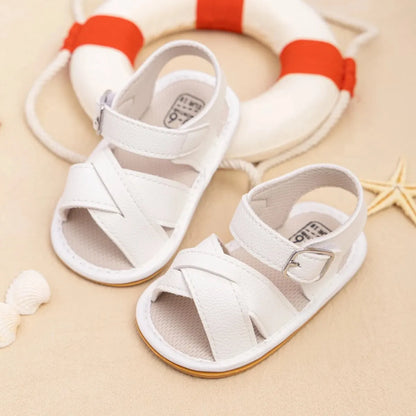 Meckior Newborn Baby Sandals Flats PU Leather Rubber Sole Anti-Slip First Walker Toddler Baby Girl Shoes Summer Infant Shoes