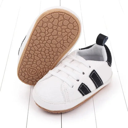 Meckior Striped Baby PU Leather Casual Sneakers Toddler Shoes Newborn Non-slip Rubber Sole Lace-up Infant Boy Girl Shoes