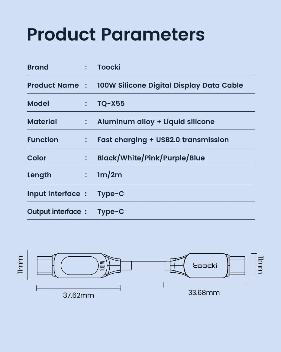 100W USB C To Type C Cable 5A PD Fast Charge Charger Type C LED Display Cable For Macbook Xiaomi Huawei Samsung Cable