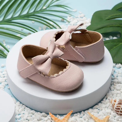 Retro New Newborn Baby Walking Shoes Spring Autumn Solid Color Bow Princess Shoes PU Anti-slip Soft Rubber Bottom Baby Casual