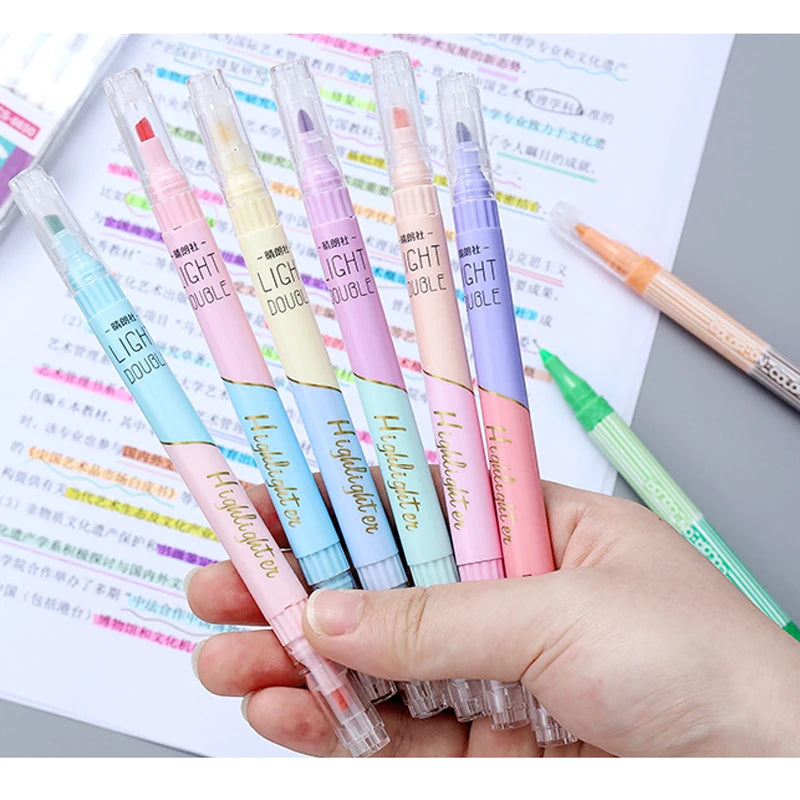 KissButy 6Pcs/Set Highlighter Pen Set Double headed Kawaii Fluorescence Colour School Supplies Marker Stationery