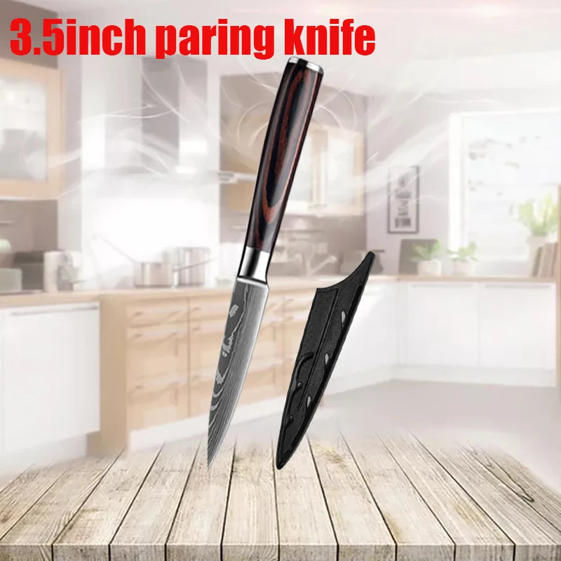 3 Pcs Set Kitchen Knives Set Stainless Steel 7CR17 440C Laser Damascus Japanese Santoku Cleaver Slicing Utility Chef Knife