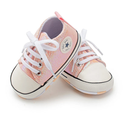 Meckior Baby Shoes Newborn Fashion Shining Canvas Sneakers Baby Boys Girls Shoes First Walkers Soft Anti-Slip Sole Toddler