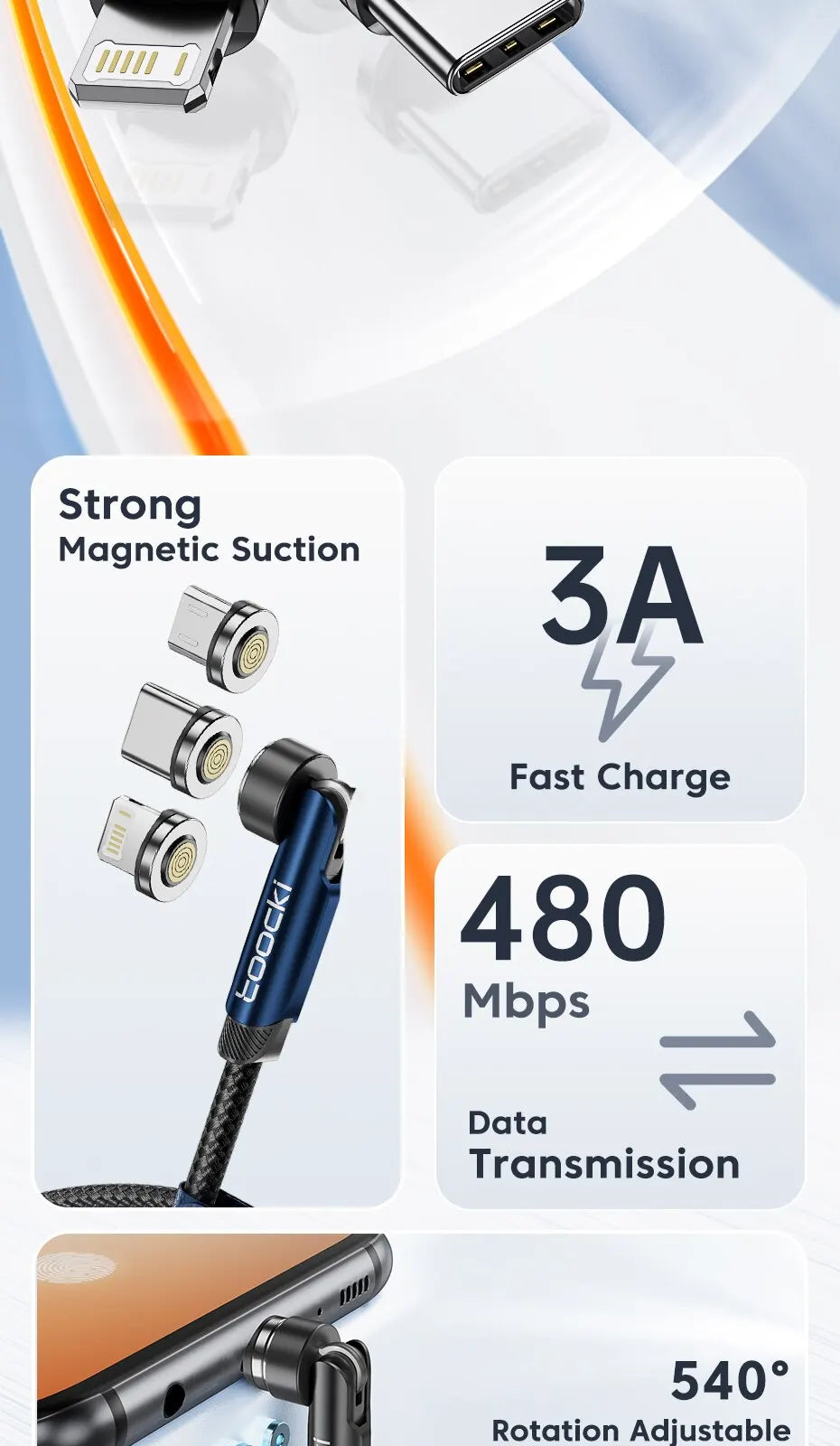 540 Rotate Magnetic USB Type C Cable For iPhone 12 X Xiaomi Fast Charger Micro USB Type-C Magnet Charging Cable Data Wire