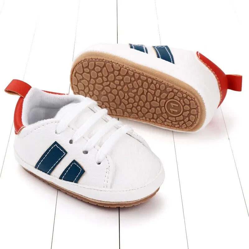 Meckior Striped Baby PU Leather Casual Sneakers Toddler Shoes Newborn Non-slip Rubber Sole Lace-up Infant Boy Girl Shoes