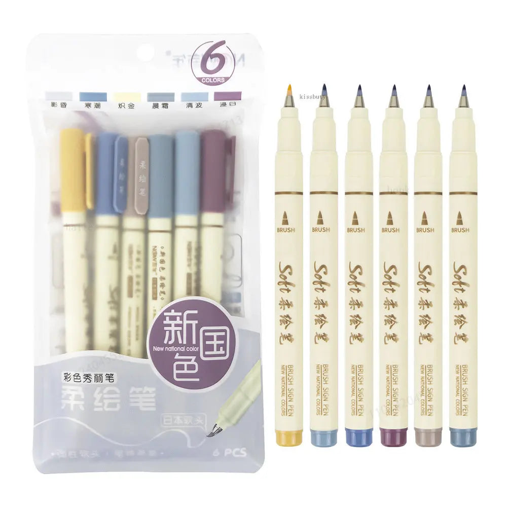 6pcs New Retro Color Lettering Painting Art Marker Pens Set Soft Brush Tip Fine Line Calligraphy Design Drawing Art Stationery