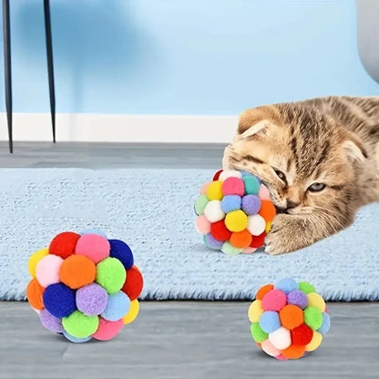 3PCS Cat Toys Cat Plush Ball Toy Pet Elastic Bell Ball Self Hi Ball Playing Cat Colorful Woolen Ball