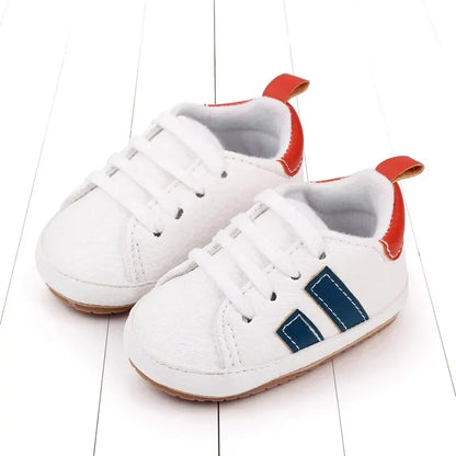 Meckior Striped Baby PU Leather Casual Sneakers Toddler Shoes Newborn Non-slip Rubber Sole Lace-up Infant Boy Girl Shoes