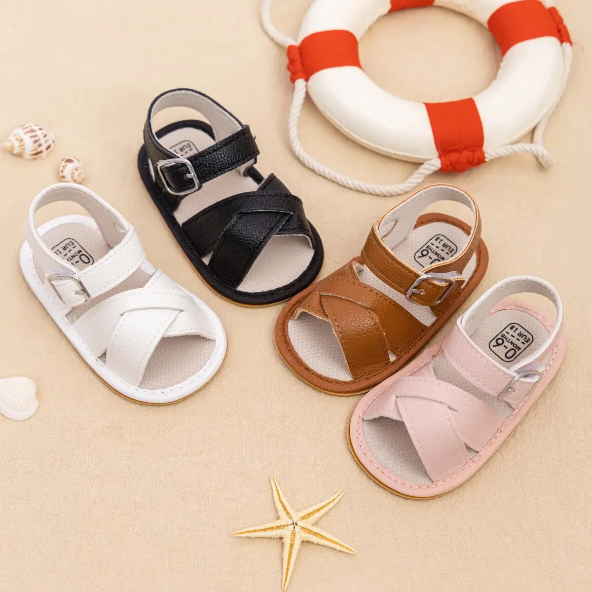 Meckior Newborn Baby Sandals Flats PU Leather Rubber Sole Anti-Slip First Walker Toddler Baby Girl Shoes Summer Infant Shoes