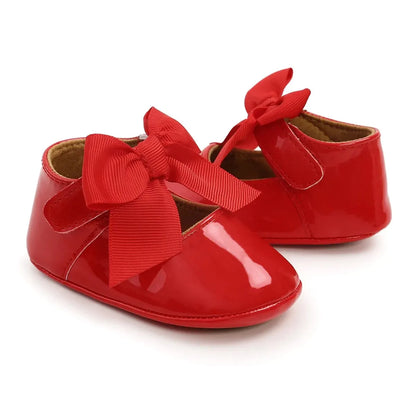 Meckior Baby Shoes Bowknot Rubber Sole Anti-slip PU Ballet Slippers Baby Girl Dress Shoes First Walker Toddler Crib Shoes