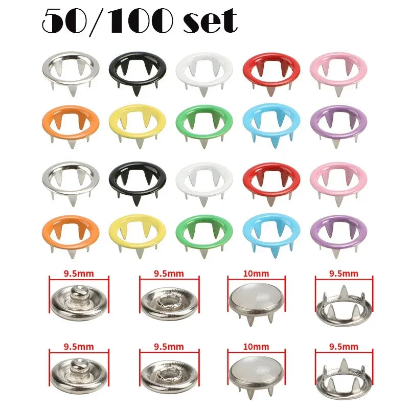 50/100Set 9.5mm Metal Prong Snap Button Press Button Studs Fasteners Hollow Prong Ring for Clothes Garment Sewing Bags Shoes