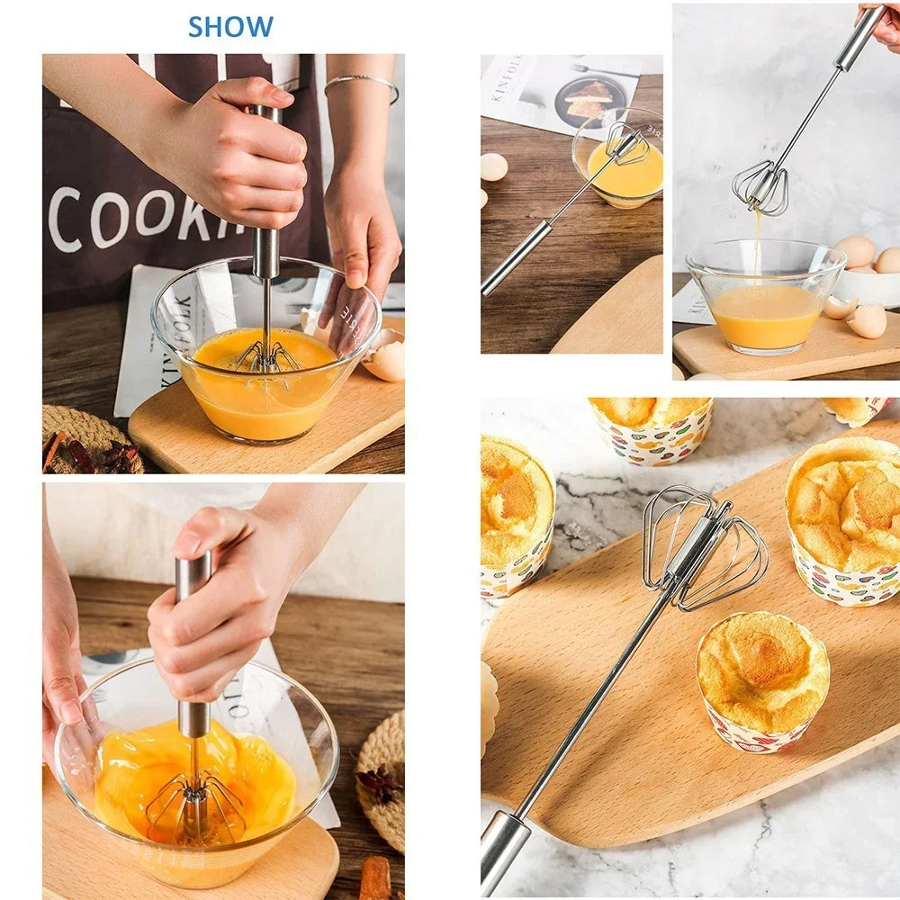 Kitchen Stainless Steel Whisk Creamer Semi-automatic Rotary Whisk Beech Wood Vase Handle Hand Mixer Cooking Baking