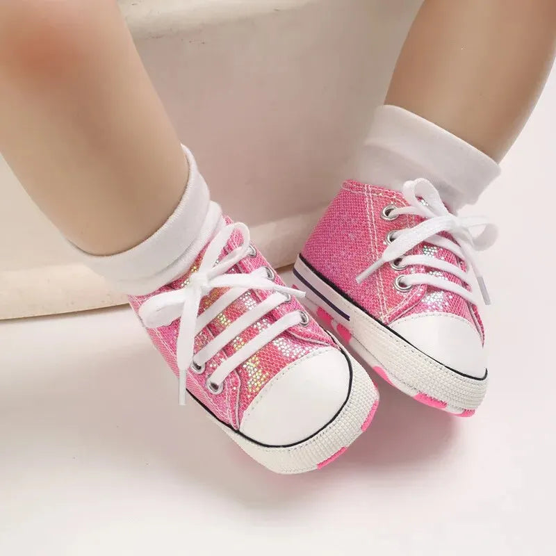 Meckior Baby Shoes Newborn Fashion Shining Canvas Sneakers Baby Boys Girls Shoes First Walkers Soft Anti-Slip Sole Toddler