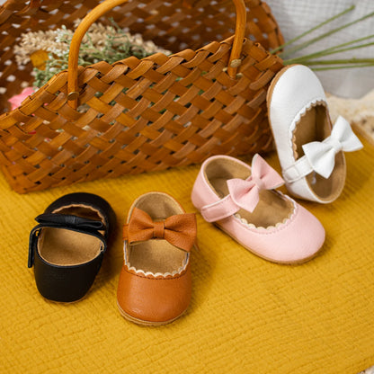 Retro New Newborn Baby Walking Shoes Spring Autumn Solid Color Bow Princess Shoes PU Anti-slip Soft Rubber Bottom Baby Casual