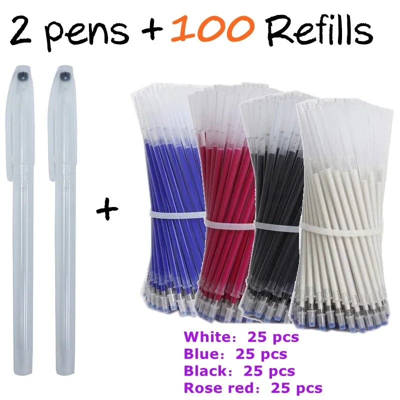 102Pcs/Set High Temperature Disappearing Erasable Gel Pen Refill Textile Fabric Marker Pens Heat Dressmaking PU Leather Sewing