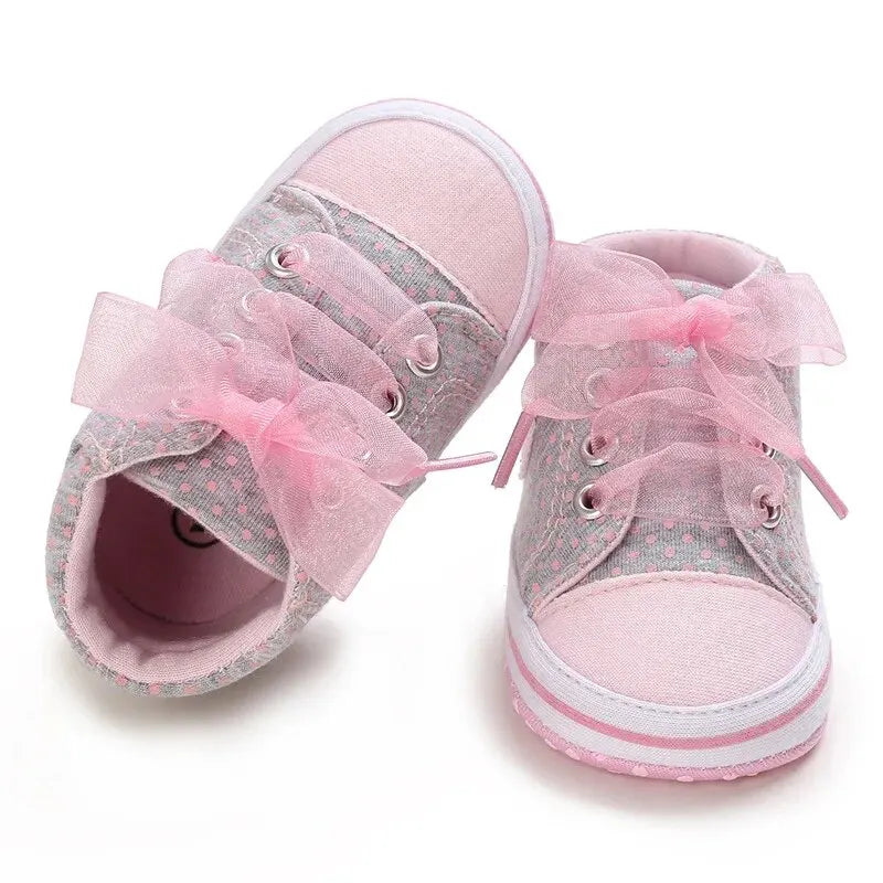 Meckior Newborn Baby Walking Girls Canvas Shoes Heart-shaped Bow Tie Baby Lace Casual Shoes Anti-slip Soft Cotton Sole