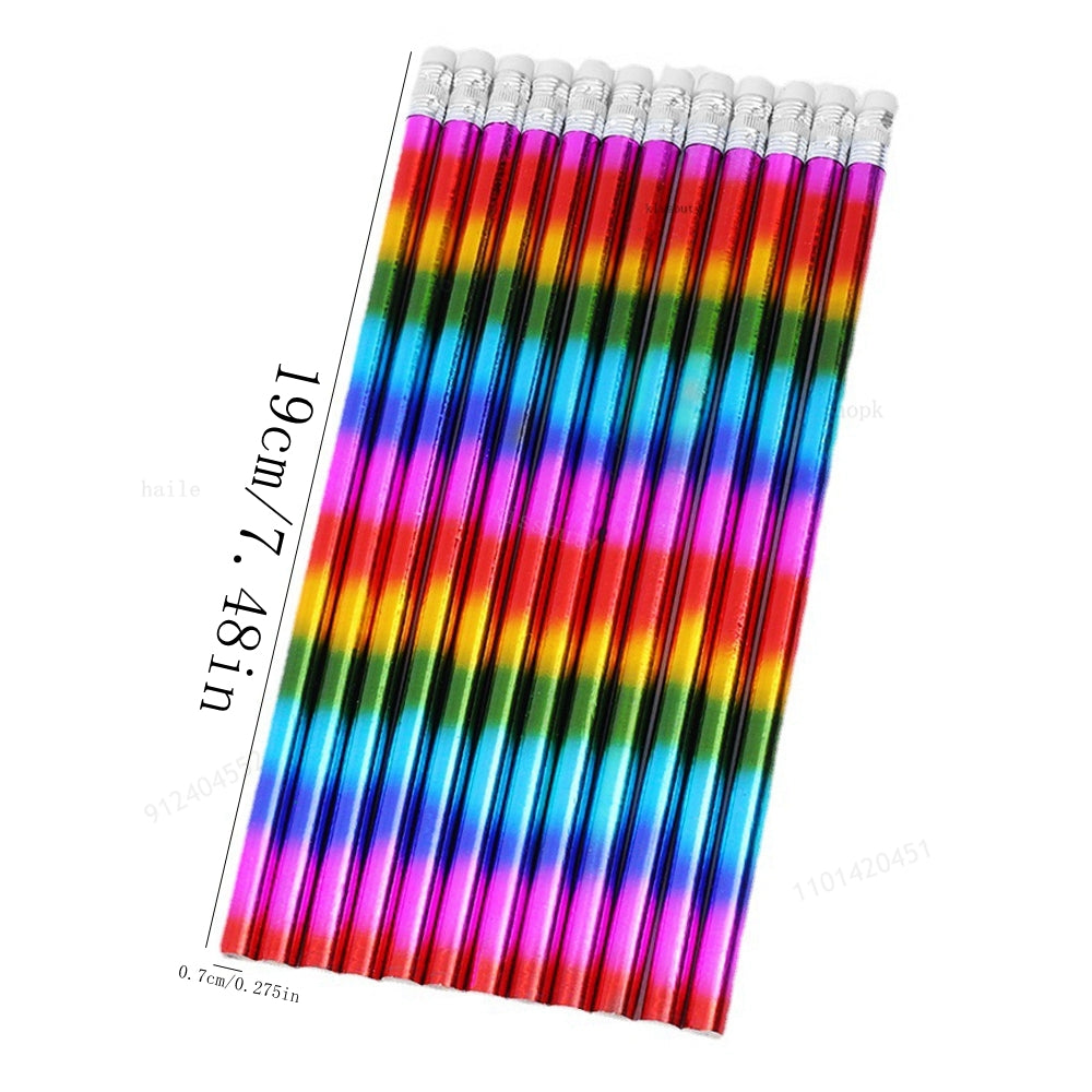 12PCS Kawaii Rainbow Wooden Pencil with eraser gift pencil sharpener Kids HB Pencils Sketch Drawing School  Stationery Supplies