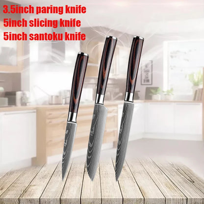 3 Pcs Set Kitchen Knives Set Stainless Steel 7CR17 440C Laser Damascus Japanese Santoku Cleaver Slicing Utility Chef Knife