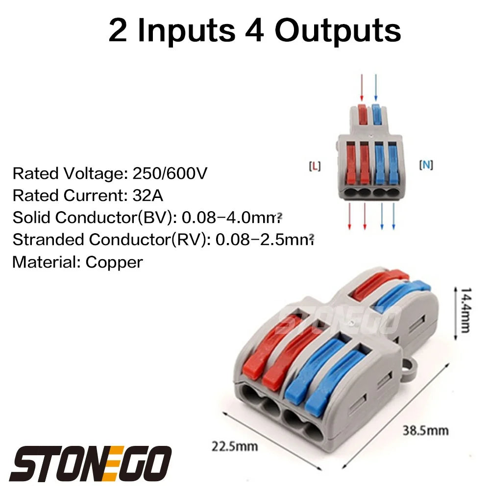 STONEGO 2 In 4/6/8 Several Out Quick Wiring Connector Universal Splitter Wiring Cable Pushin Can Matched Butt Home Terminal Bloc