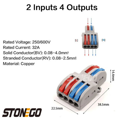 STONEGO 2 In 4/6/8 Several Out Quick Wiring Connector Universal Splitter Wiring Cable Pushin Can Matched Butt Home Terminal Bloc