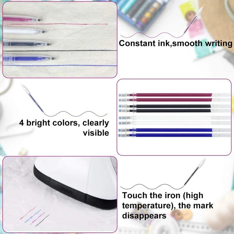 102Pcs/Set High Temperature Disappearing Erasable Gel Pen Refill Textile Fabric Marker Pens Heat Dressmaking PU Leather Sewing