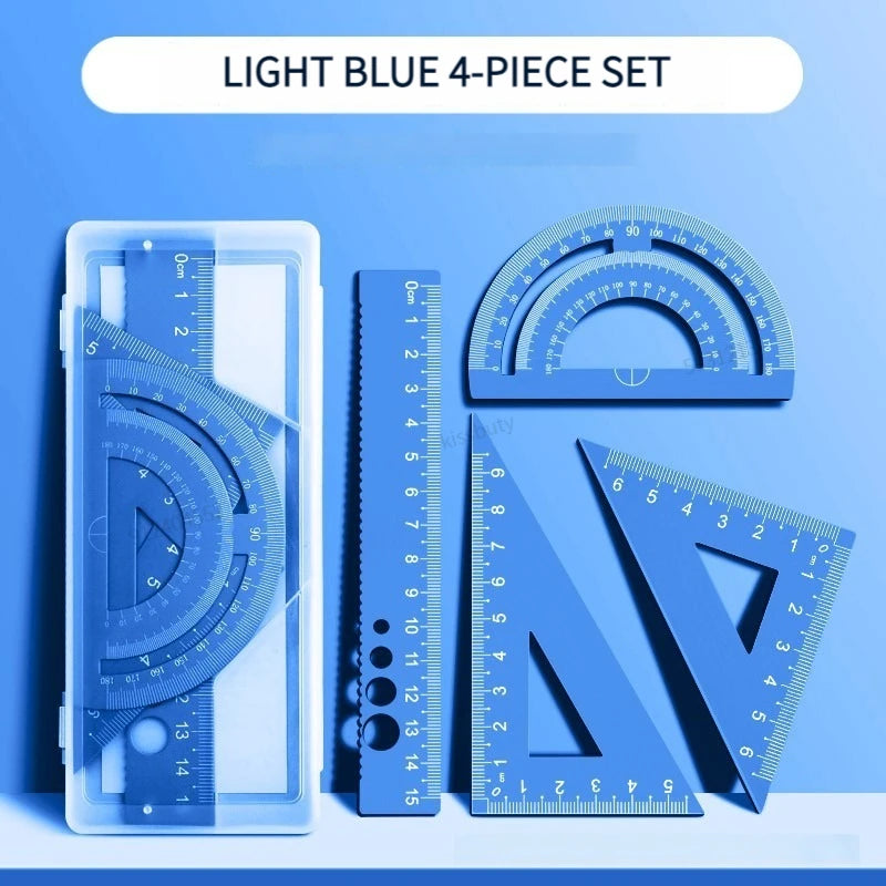 4 In 1 Aluminum Alloy Ruler Stationery Set Aluminum Alloy Multifunctional Combination Ruler Triangle Protractor for Drawing