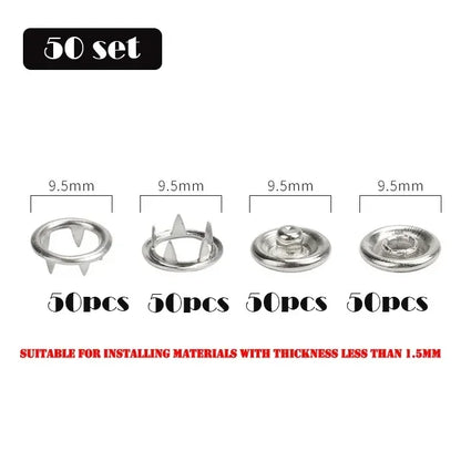 50/100Set 9.5mm Metal Prong Snap Button Press Button Studs Fasteners Hollow Prong Ring for Clothes Garment Sewing Bags Shoes