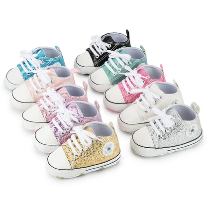 Meckior Baby Shoes Newborn Fashion Shining Canvas Sneakers Baby Boys Girls Shoes First Walkers Soft Anti-Slip Sole Toddler