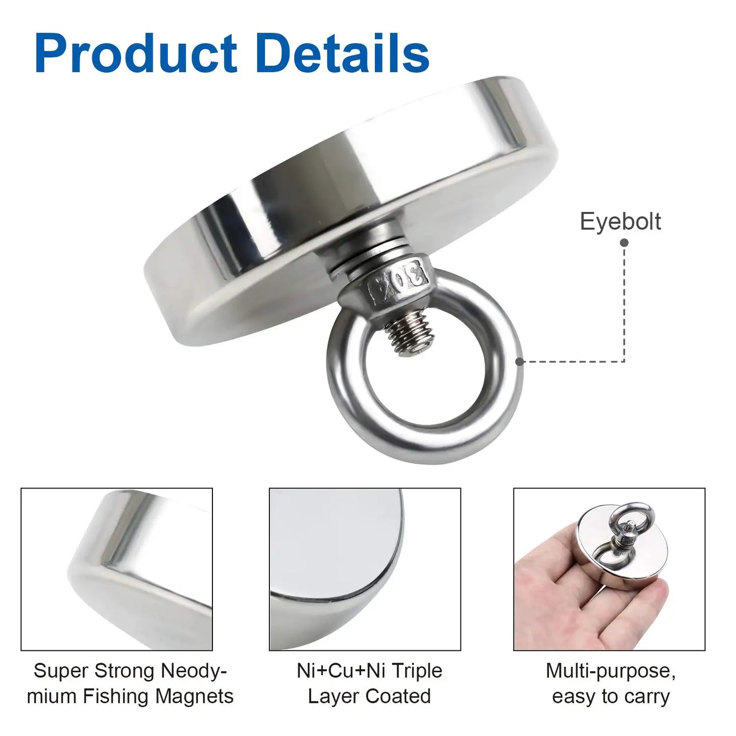 Super Strong Neodymium Fishing Magnet Hook N52 Heavy Duty Rare Earth Magnet With Countersunk Hole Eyebolt 16-90mm Salvage Magnet