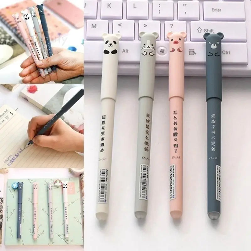 Kawaii Erasable Gel Pen Set Cartoon Animals Cute Cat Erasable Pen Erasable Refill Rod Washable Handle Pen Grip School Stationery