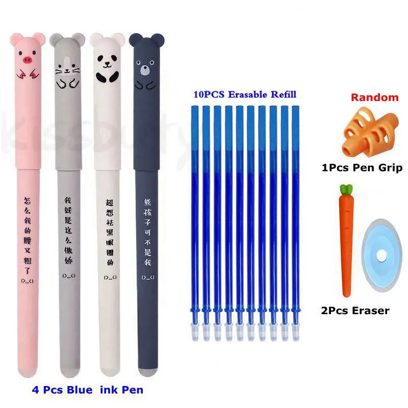 Kawaii Erasable Gel Pen Set Cartoon Animals Cute Cat Erasable Pen Erasable Refill Rod Washable Handle Pen Grip School Stationery