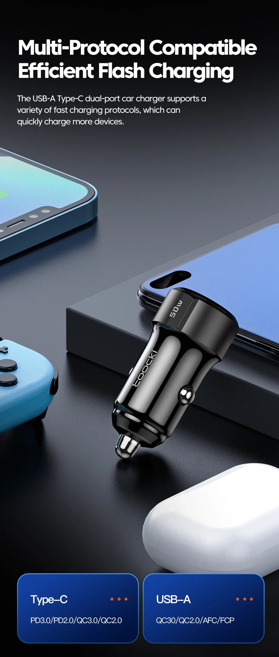 50W QC PD 3.0 Car Charger Quick Charge 4.0 USB Type C Car Fast Charging For iPhone 12 13 14 Huawei Samsung Xiaomi POCO