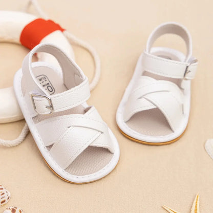 Meckior Newborn Baby Sandals Flats PU Leather Rubber Sole Anti-Slip First Walker Toddler Baby Girl Shoes Summer Infant Shoes