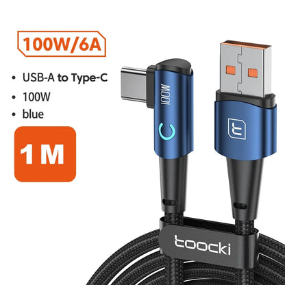 6A USB C Cable 90 Degree For OPPO 100W Fast Charging Cord For Honor Huawei Oneplus Realme Charger Data Wire