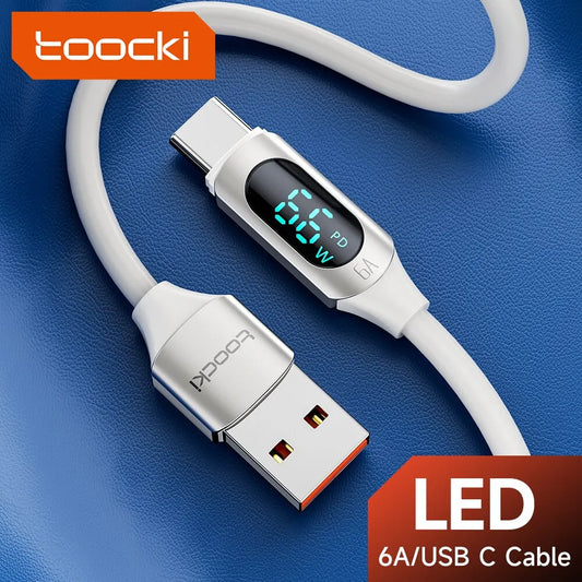 66W USB Type C Cable 6A Digital Display Fast Charging Cable For Xiaomi 12 Realme POCO Samsung Redmi Smartphone 5G Cables