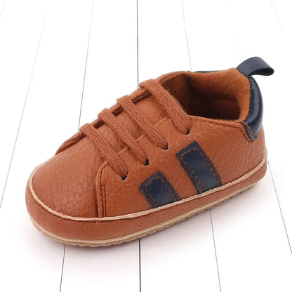 Meckior Striped Baby PU Leather Casual Sneakers Toddler Shoes Newborn Non-slip Rubber Sole Lace-up Infant Boy Girl Shoes