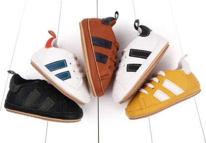 Meckior Striped Baby PU Leather Casual Sneakers Toddler Shoes Newborn Non-slip Rubber Sole Lace-up Infant Boy Girl Shoes