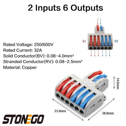 STONEGO 2 In 4/6/8 Several Out Quick Wiring Connector Universal Splitter Wiring Cable Pushin Can Matched Butt Home Terminal Bloc