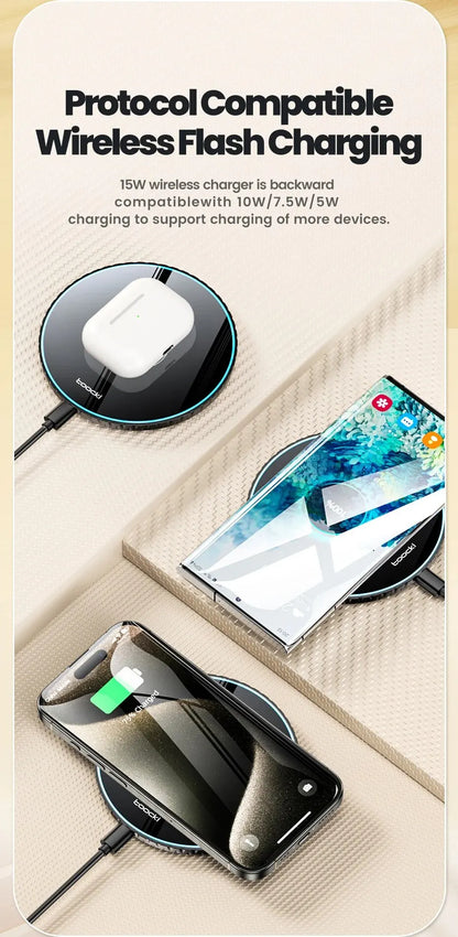 15W Wireless Charger Pad Fast Wireless Charging Station for iPhone 15 14 13 12 Samsung Galaxy S23 S22 S21 S20 Airpods