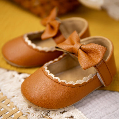 Retro New Newborn Baby Walking Shoes Spring Autumn Solid Color Bow Princess Shoes PU Anti-slip Soft Rubber Bottom Baby Casual