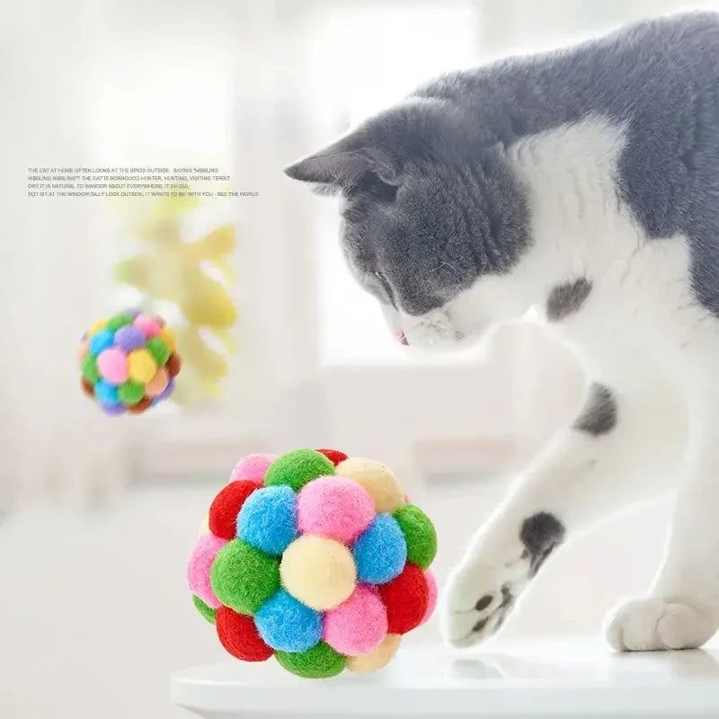 3PCS Cat Toys Cat Plush Ball Toy Pet Elastic Bell Ball Self Hi Ball Playing Cat Colorful Woolen Ball