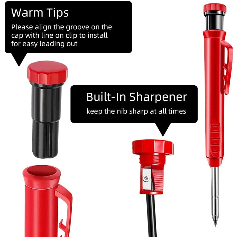 Solid Carpenter Pencil Set With 6 Refill Leads Built-in Sharpener Marking Tool Woodworking Deep Hole Mechanical Pencils