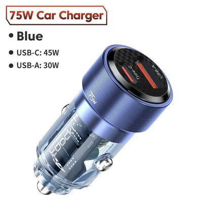 USB C 75W Car Quick Charger QC 4.0 PD 3.0 Type C 45W Fast Charging For iPhone 15 14 13 12 11 Pro Max Xiaomi Samsung Redmi