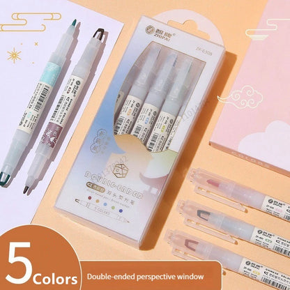 5pcs/set Double Tip Highlighter Pens Kawaii Colored Manga Markers Pastel Scrapbooking Japanese Kawaii Stationery School supplies