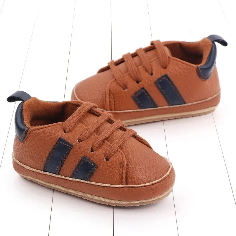 Meckior Striped Baby PU Leather Casual Sneakers Toddler Shoes Newborn Non-slip Rubber Sole Lace-up Infant Boy Girl Shoes