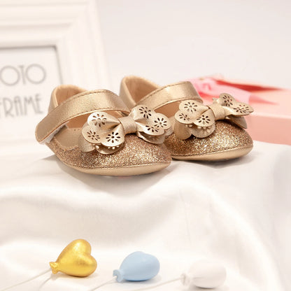 Newborn Baby Shoes Girl Princess Dress Girls Shoes Gold Bowknot Casual Lightweight Non-slip Rubber Sole Toddler Shoes