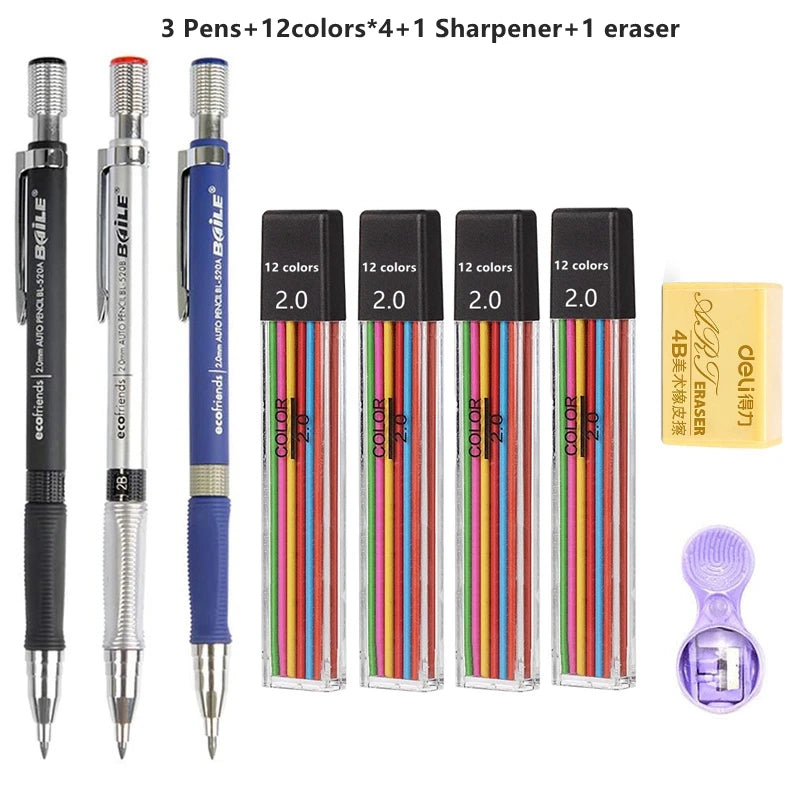 2.0 mm Mechanical Pencils Set 2B Automatic Student Pencils Color/Black Lead Refills Art Sketch School Supplies Kawaii Stationery