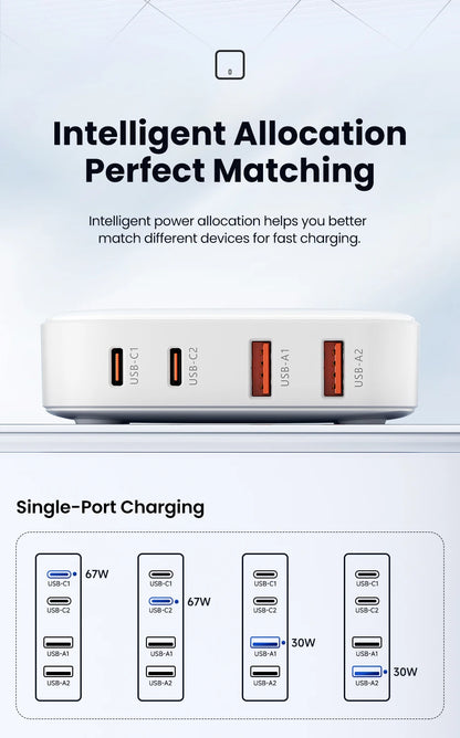 Charger Charging Station Multi Port 67W GaN USB Charger Desktop Type C PD QC Quick Charge For iPhone MacBook Pro Xiaomi